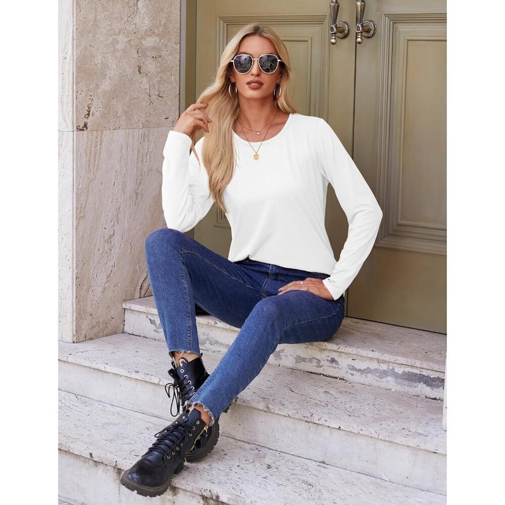 Long Sleeve Shirts Women Loose Fit Crewneck Side Split Curved Hem Casual Tops - Picture 6 of 7
